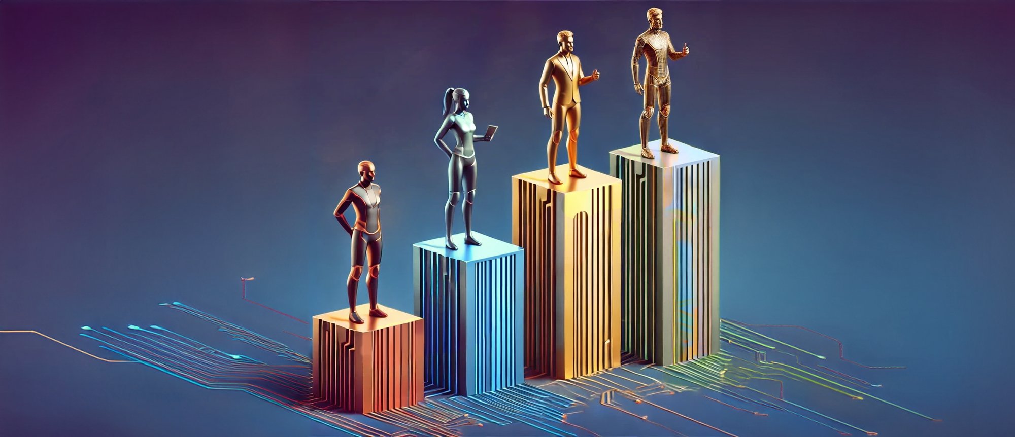 DALL·E 2024-06-25 16.25.31 - Four contestants standing on podiums. The podiums should go from Bronze, Silver, Gold, and Platinum, with Platinum being the highest. The podiums shou