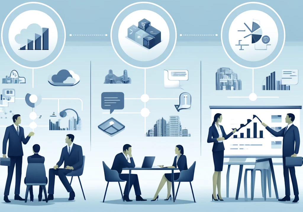 DALL·E 2024-05-20 19-34-37 - An illustration showing a professional business scene with three interconnected stages_ understanding your business, evaluation, and recommendation- T