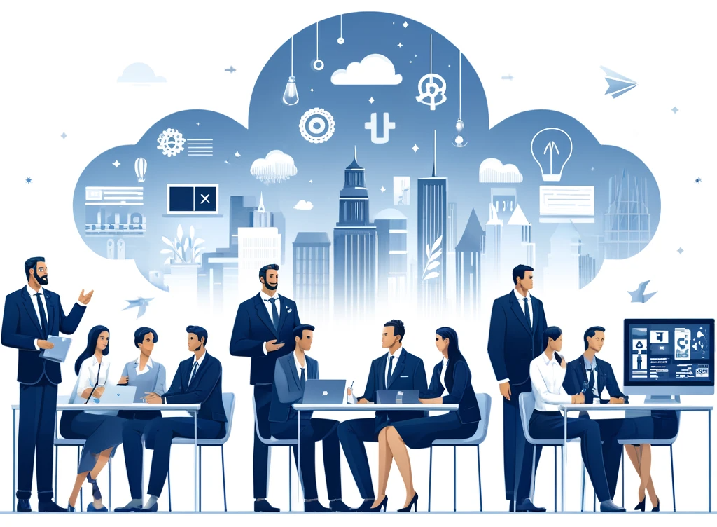 DALL·E 2024-05-20 19-40-25 - An illustration depicting a professional business environment highlighting three key benefits_ tailored solutions, expert team, and technology-agnosti