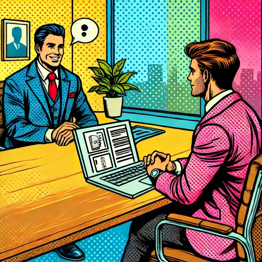 DALL·E 2024-06-25 17.40.55 - A pop art style image of a consultant having an initial consultation with a new client. The consultant is sitting at a desk with a laptop open, engage