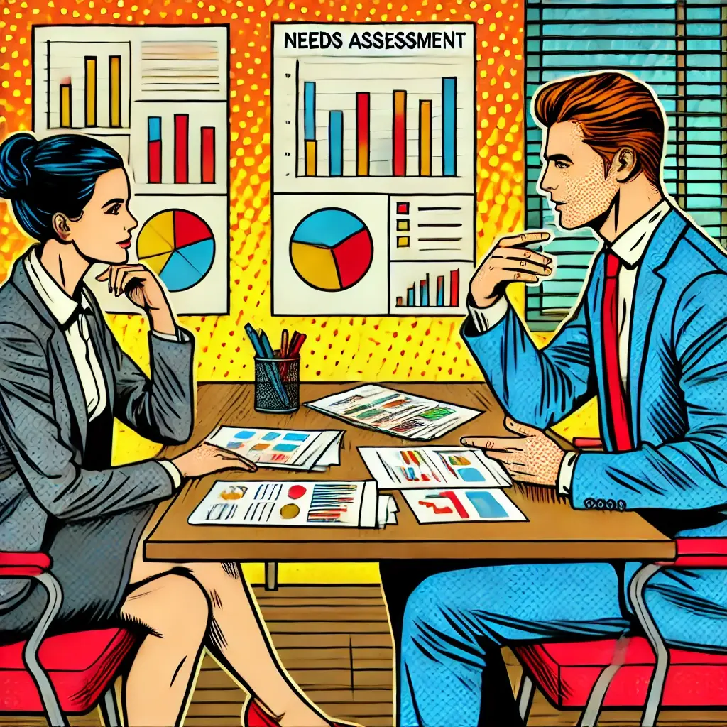 DALL·E 2024-06-25 17.41.39 - A pop art style image of a consultant conducting a needs assessment with a client. The consultant is sitting at a desk with various documents and char