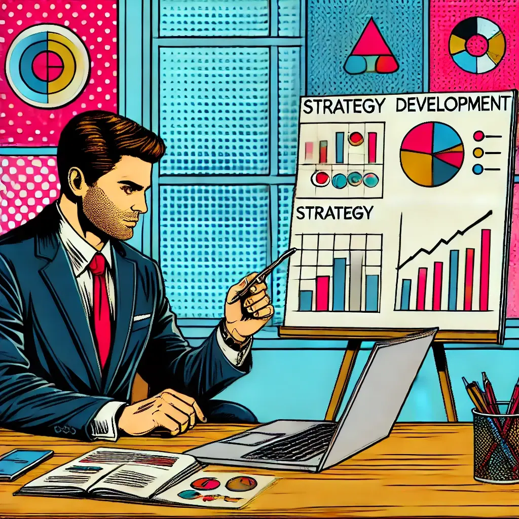 DALL·E 2024-06-25 17.41.43 - A pop art style image of a consultant doing strategy development. The consultant is sitting at a desk with a whiteboard or screen displaying diagrams 