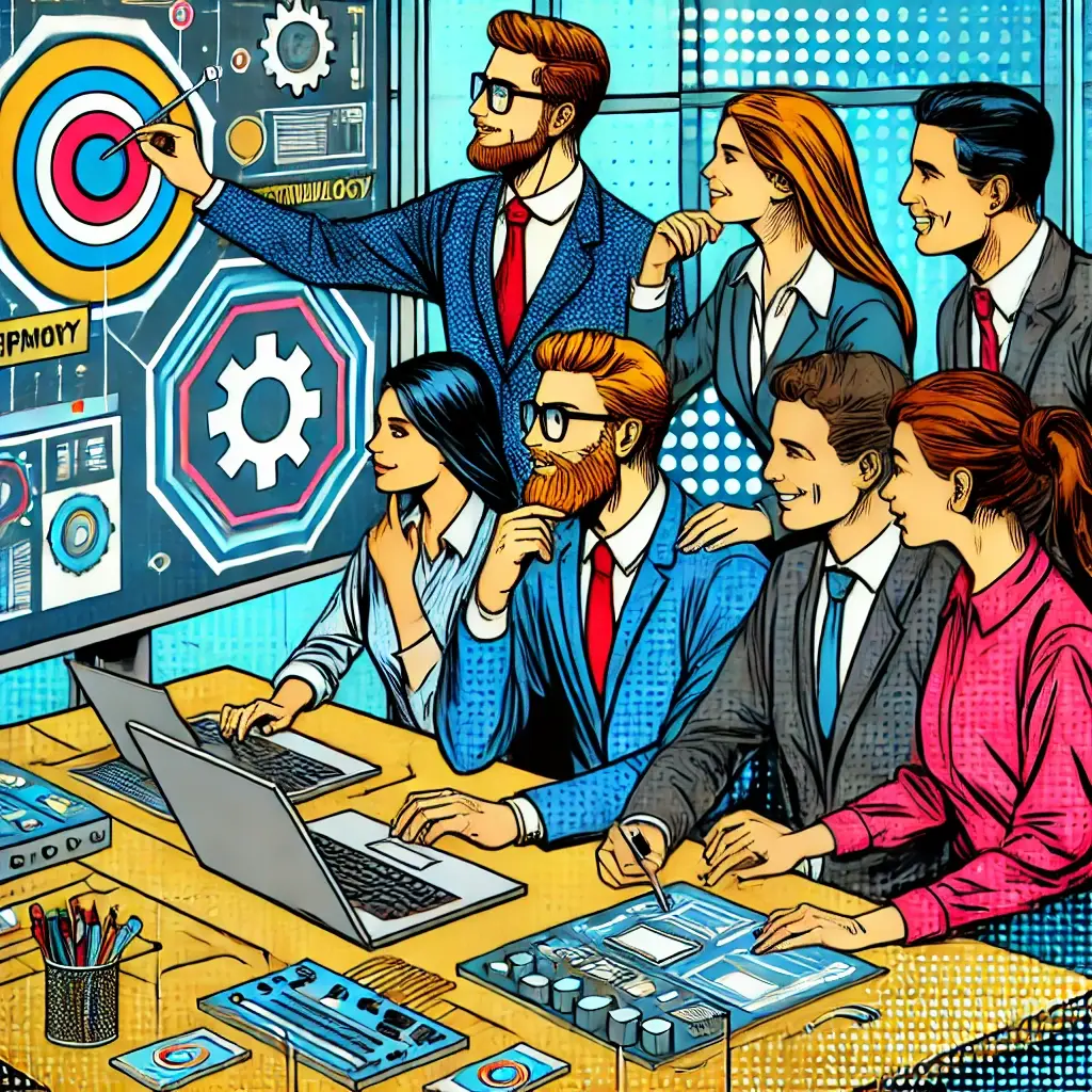 A pop art style image of a team of consultants implementing a new technology. The team is working together with various tech devices and tools, showin