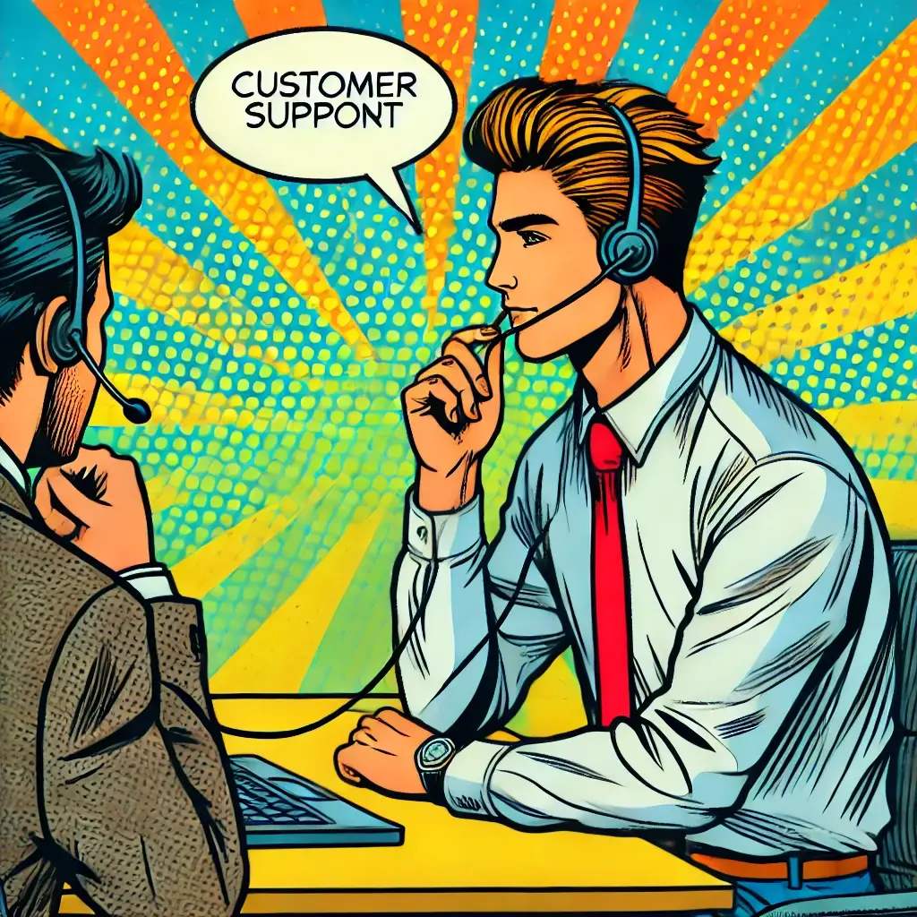 A pop art style image of a customer support representative chatting with a customer. The customer support rep is sitting at a desk with a headset on, 